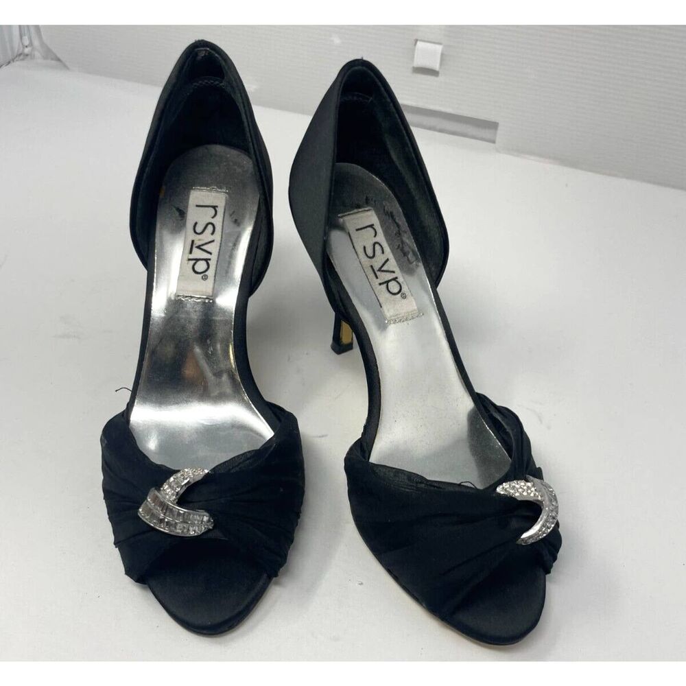 RSVP Black Satin Size 5.5 M Leather Sole High Heel Open Toed Pump Crystal